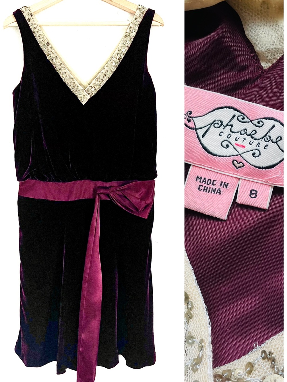 Phoebe Couture Silk Blend Velvet Burgundy V-Neck Sequin Dress 8 EUC Evening Glam
